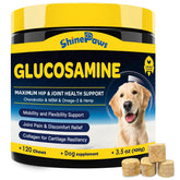 SHINEPAWS glucosamine bottle-jar shows joint support for dogs and mobility.