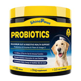 SHINEPAWS dog probiotic bottle close-up showing 120 bites for digestive health