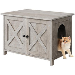 Shintenchi cat litter enclosure front view in grey hides litter from sight.