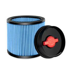 Shop-Vac cartridge filter with universal retainer for improved compatibility and filtration.