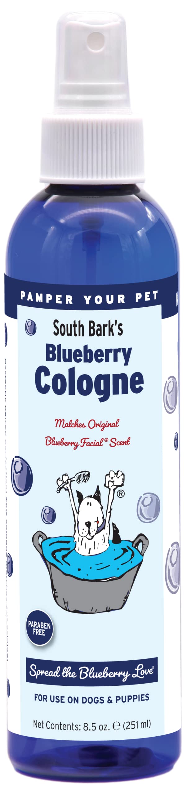 Showseason South Bark's Blueberry Dog Cologne bottle front view; long-lasting fragrance.