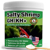 SHUNNIUB Salty Shrimp GH/KH+ bottle closeup highlighting mineral formula for healthier shrimp.