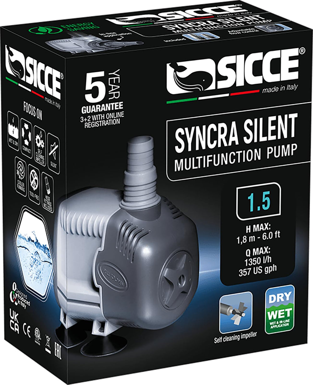 Sicce Syncra Silent 1.5 pump front view for quiet operation in freshwater or saltwater tanks.