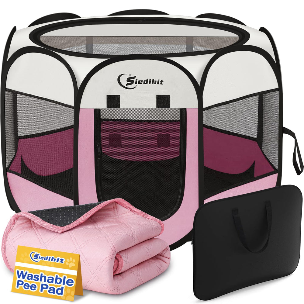 Siedihit dog cat playpen pink small side view shows breathable space for pets outdoors