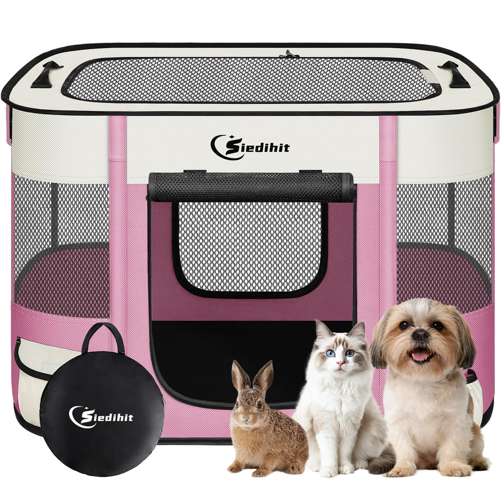 Siedihit dog playpen folded pink small for easy storage and portability.