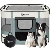 Siedihit dog playpen gray folded with carrying case for easy transport.