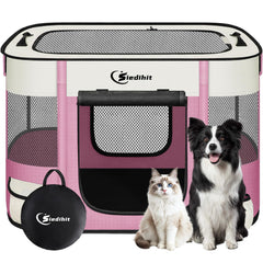 Siedihit pink medium dog playpen front view showing safe, breathable mesh for pets