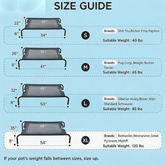 SIEMOUR cooling elevated dog bed shows 54 by 35 inch dimensions for extra-large breeds.