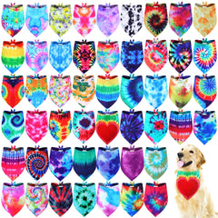 Silkfly 50pc tie-dye dog bandana pack adds vibrant color to festive looks.