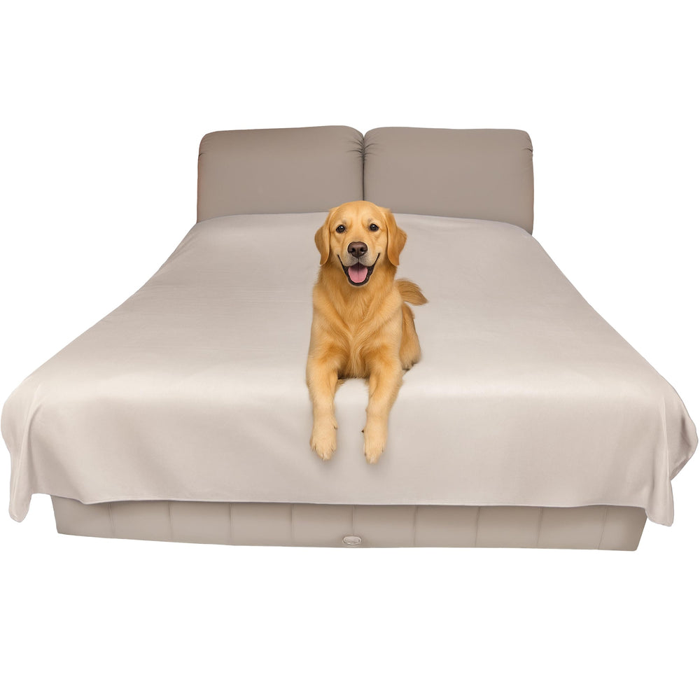 SILLY LEGACY thin reversible waterproof bed cover on a queen bed protecting from spills and pet hair