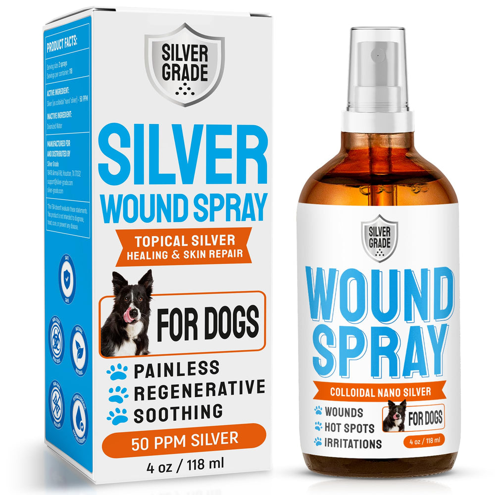 SILVER GRADE dog wound spray bottle shown for all-natural skin support.