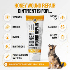 SILVER GRADE Honey Wound Repair Gel is applied to a small dog injury for soothing care.