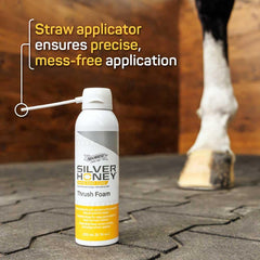 Silver Honey Rapid Hoof Care Foam expands to reach frog crevices for thorough coverage.