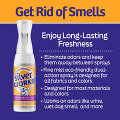 SilverWorks! Pet Odor Eliminator being sprayed on carpet for quick odor relief.