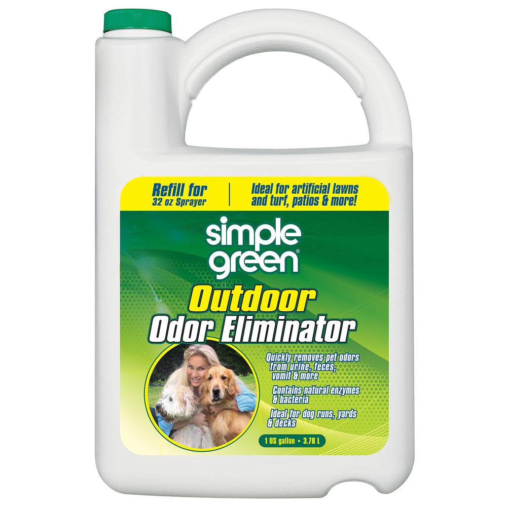 Simple Green Outdoor Odor Eliminator bottle pouring to neutralize outdoor pet odors