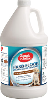Simple Solution hard floor stain remover bottle targets pet messes for easier cleaning.