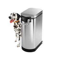 Simplehuman 35L pet food storage container in brushed stainless, front view, space-saving design.