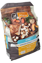 SIMPLY NOURISH Puppy Chicken and Brown Rice bag back shows feeding guidelines for puppies.