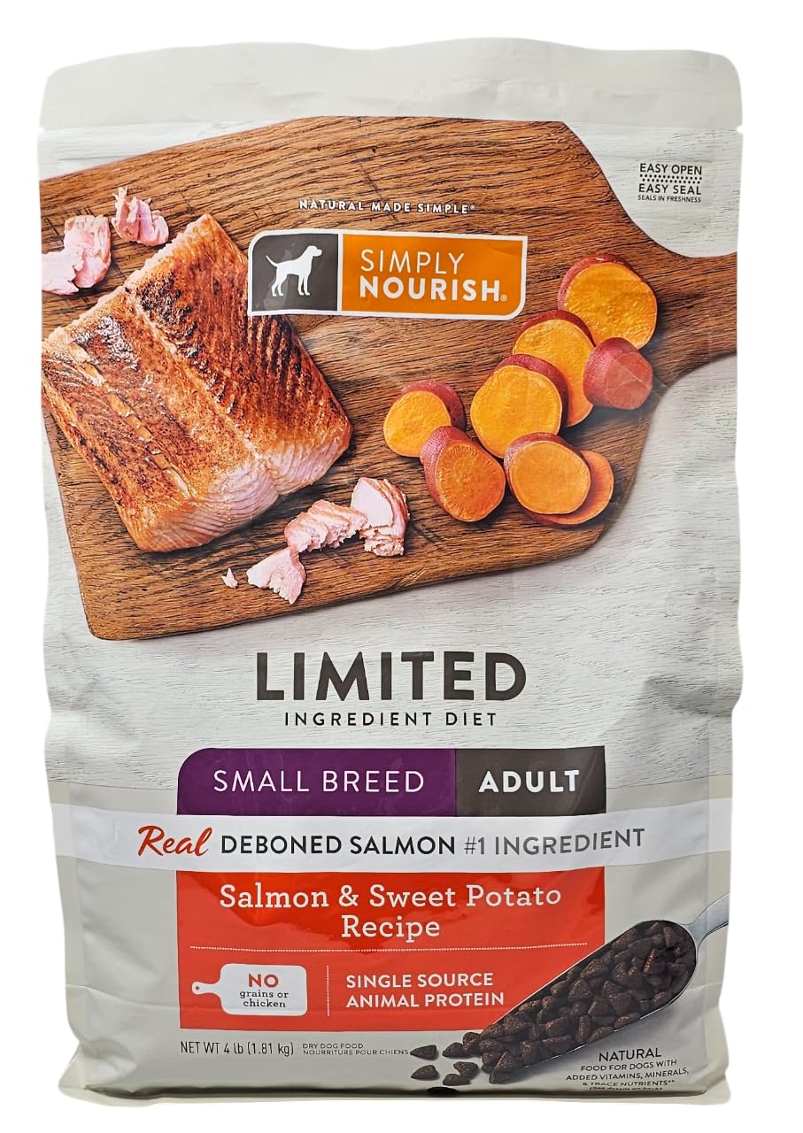 SIMPLY NOURISH small breed salmon kibble in a bag, easy cabinet storage.