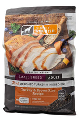SIMPLY NOURISH small-breed healthy weight bag front showing turkey-based formula for small dogs