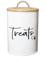 Simply Unleashed white treat container with bamboo lid keeps treats fresh on display