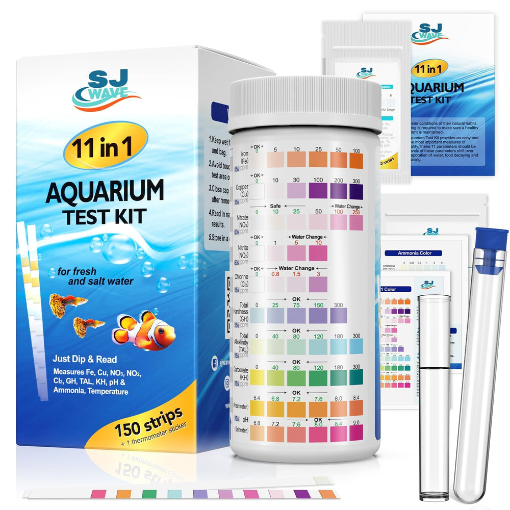 SJ WAVE 11in1 strips bottle for quick at-home aquarium checks.