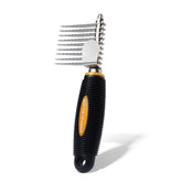 Skip the Groomer rake brush front view demonstrates gentle detangling on thick doodle coats