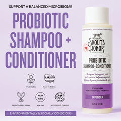 Skout's Honor avocado oil dog shampoo label close-up highlighting natural ingredients and hydration.