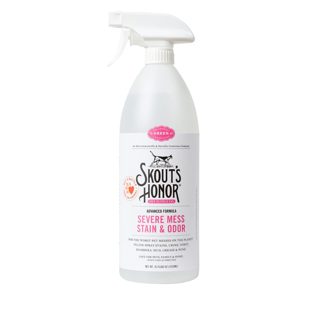 Skout's Honor Cat Advanced Severe Mess Remover bottle showing powerful stain lifting for tough messes.