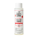 Skout's Honor flea and tick shampoo bottle closeup for an effective pet coat cleanse.