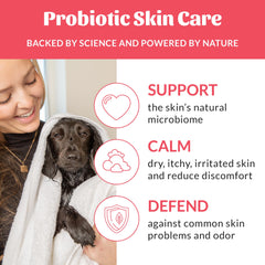 Skout's Honor probiotic dog conditioner bottle closeup β avocado oil and omega-3s for conditioning.