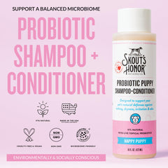 Skout’s Honor probiotic dog conditioner with omega-3—hydrates and conditions the coat.