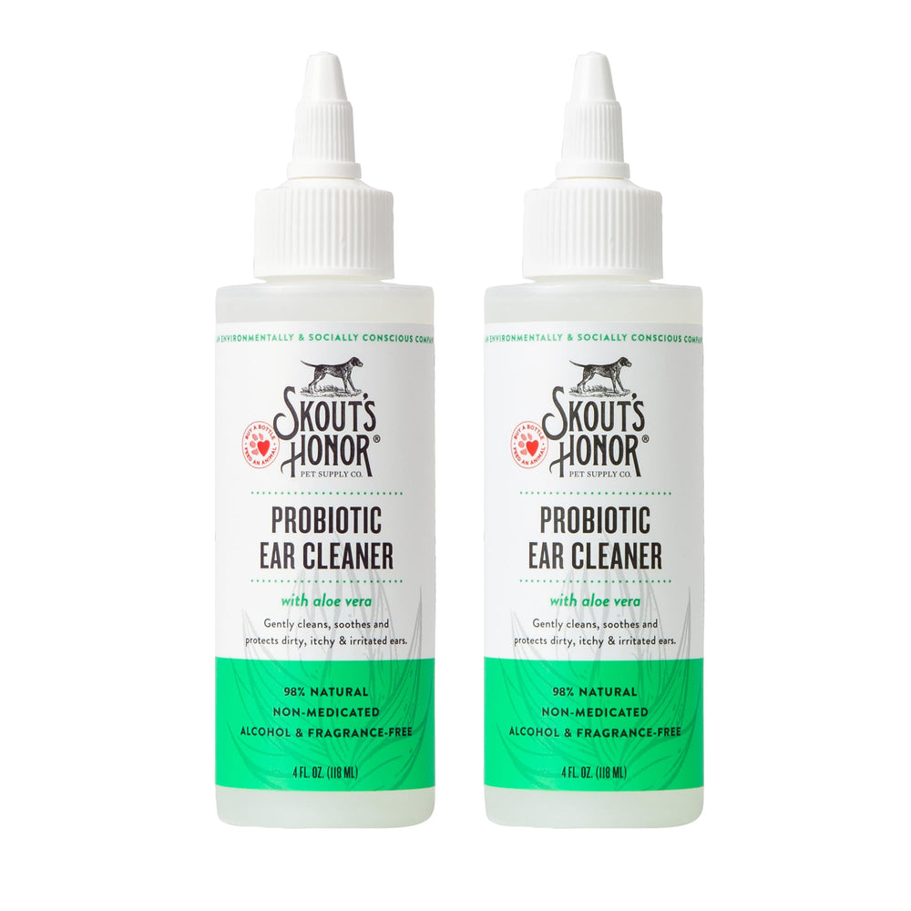SKOUT'S HONOR probiotic dog ear cleaner bottle front promotes easy, hygienic ear care.