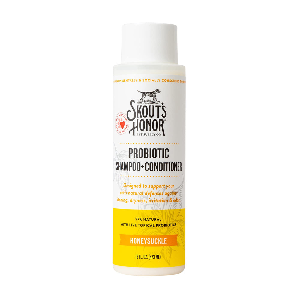 Skout's Honor probiotic dog shampoo avocado oil bottle pour for hydrating coat.