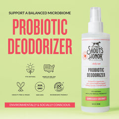 Probiotic spray mist for pets provides a lightweight deodorizing boost between grooming sessions.