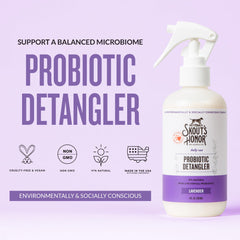Label closeup of Skout's Honor Probiotic Pet Detangler showing natural ingredients
