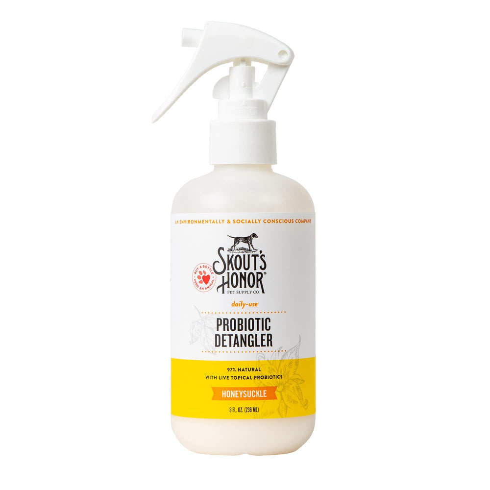 Skout's Honor probiotic detangler bottle 8oz with honeysuckle scent for daily grooming.