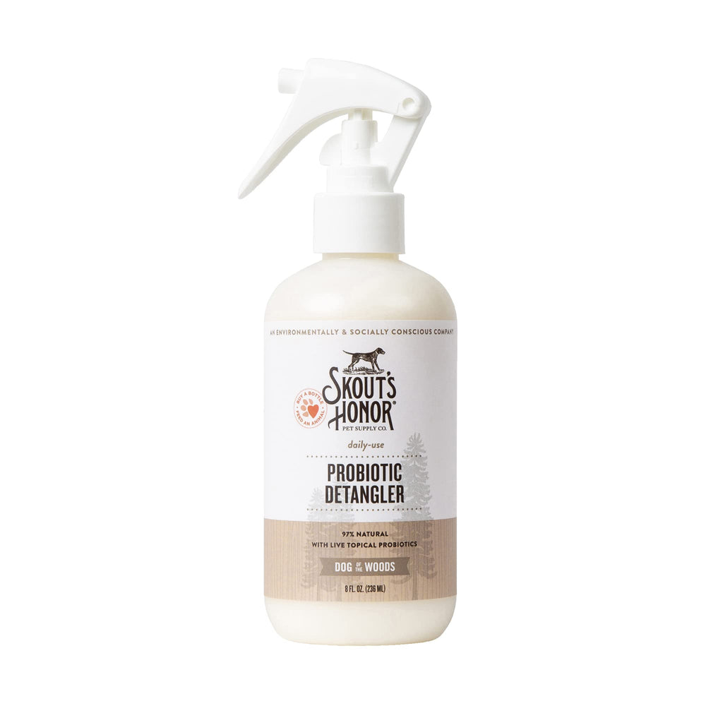Skout's Honor probiotic detangler spray bottle ready for brushing and tangle-free fur