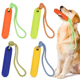 Skylety yellow floating dog toy with rope for fetch and water play.