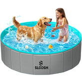 SLOOSH foldable dog pool in use with a medium dog cooling off safely.