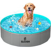 Side view of Sloosh Foldable Dog Pool showing a sturdy frame for outdoor play