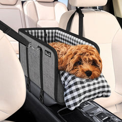 SlowTon Console Dog Car Seat secured to headrests for stable travel