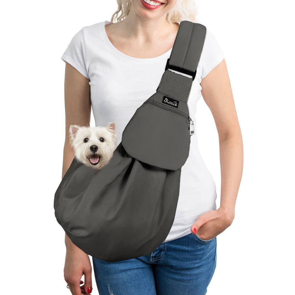 SlowTon dog carrier sling front view for hands-free travel with a small dog.