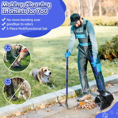 SlowTon metal-handle pooper scooper offers extended reach and reduced bending.