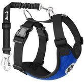 SlowTon dog seat belt harness in blue with double clip for secure car rides.