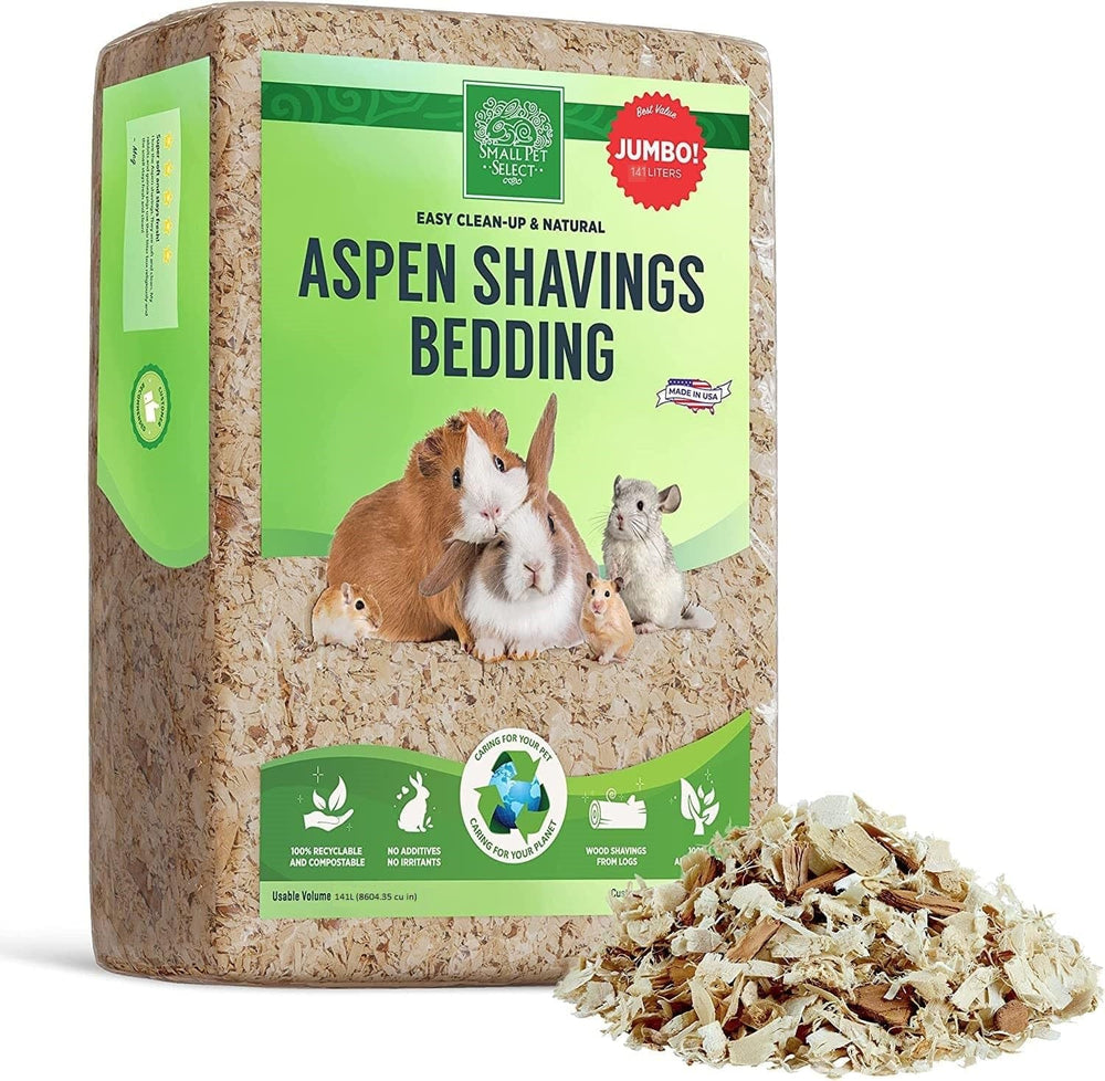 Small Pet Select premium aspen bedding bag shows low-dust, safe material for small pet habitats.