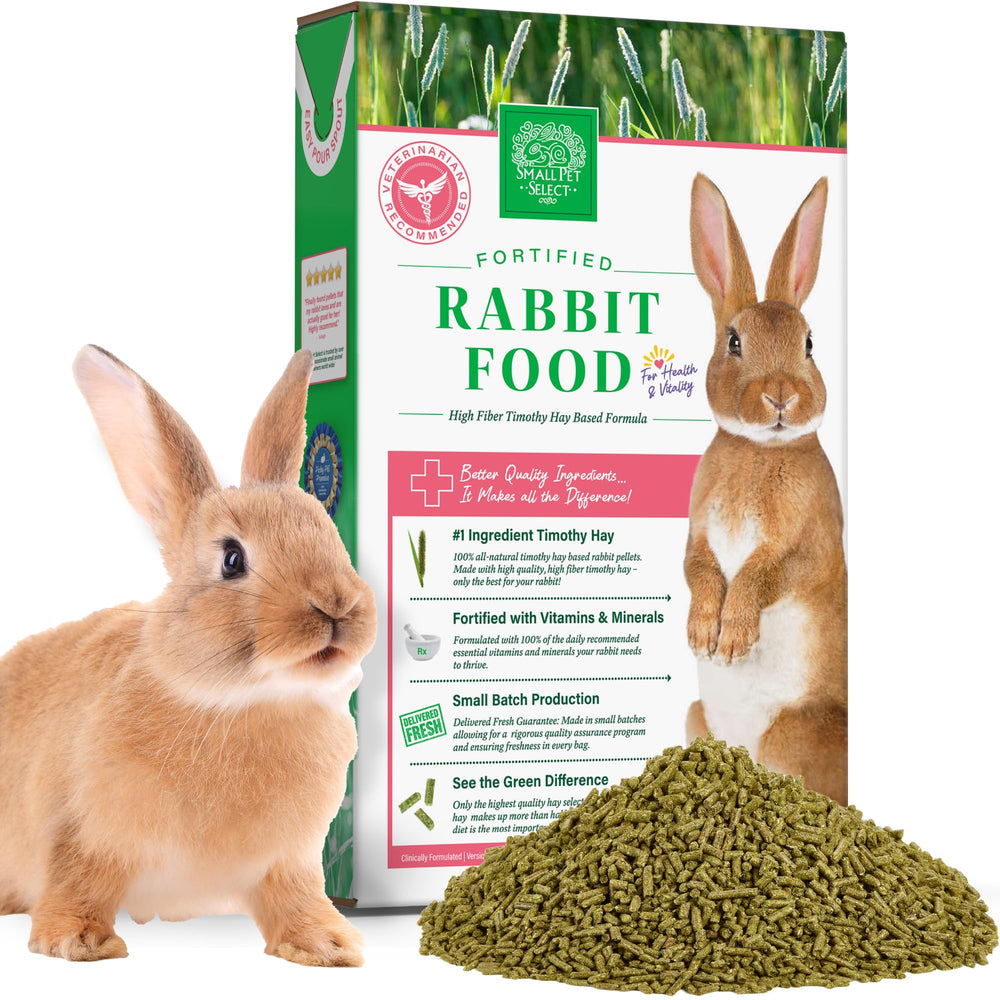 Small Pet Select rabbit food pellets bag showing fresh Timothy-based formula for high fiber nutrition.