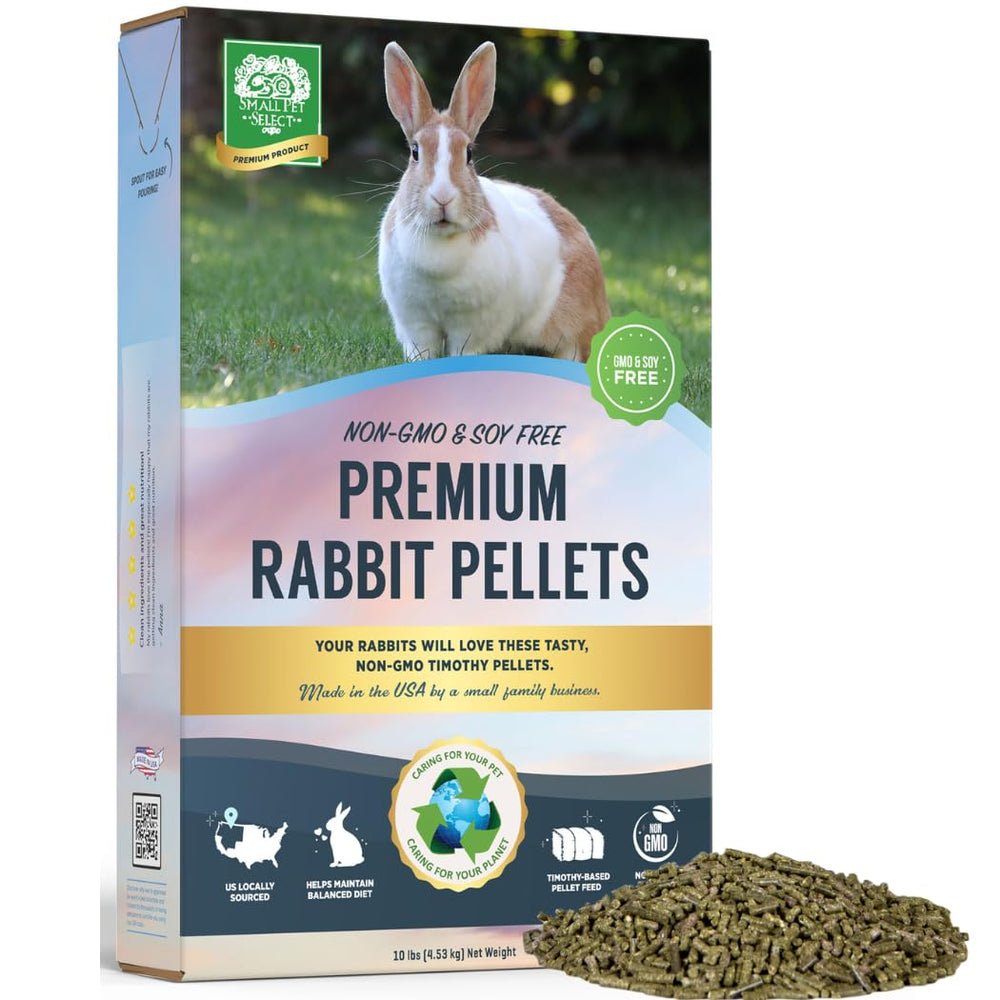Small Pet Select Timothy pellet bag showing premium, non-GMO nutrition for rabbits