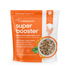 Smallbatch freeze-dried chicken bites shown as high-protein treats for dogs.