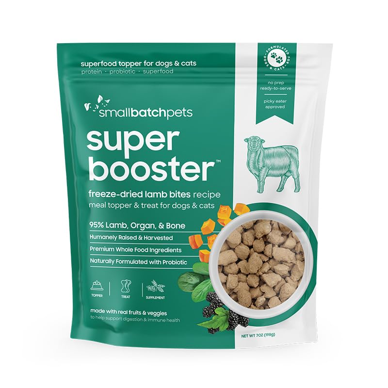 Smallbatch freeze-dried lamb bites bag front, high-protein snack.
